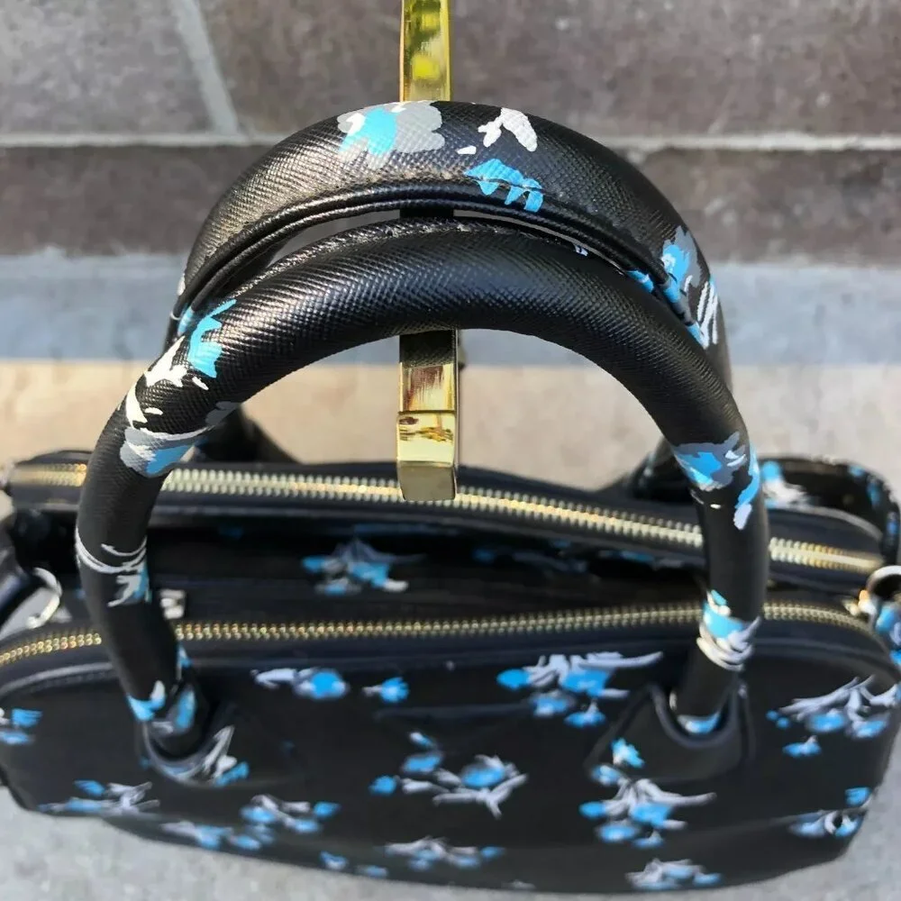 Faux Leather Purse Shoulder Top Handle Bowling Bag Black Floral 3 Compartment​​ - Picture 6 of 16